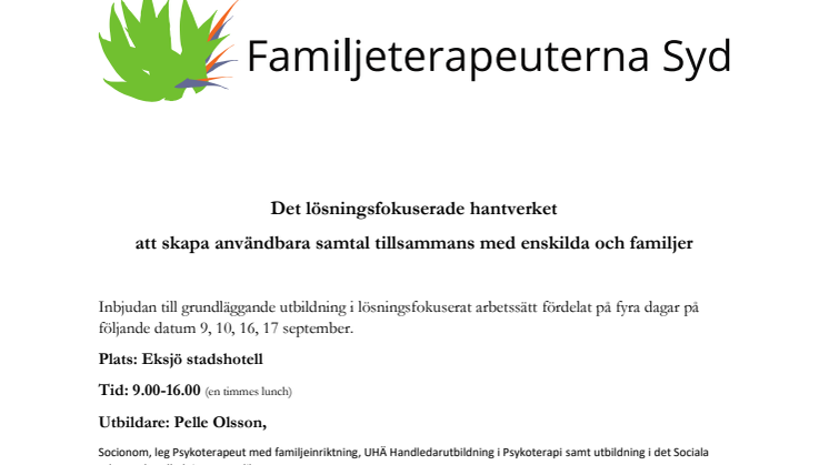 Familjeterapeuterna Syd AB är med på Jobb - & utbildningsmässan i Olsbergs arena