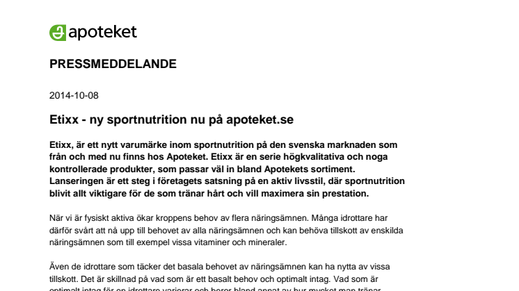 Etixx - ny sportnutrition nu på apoteket.se