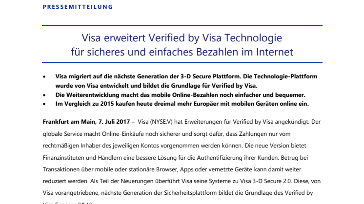 Visa erweitert Verified by Visa Technologie für sicheres und einfaches Bezahlen im Internet