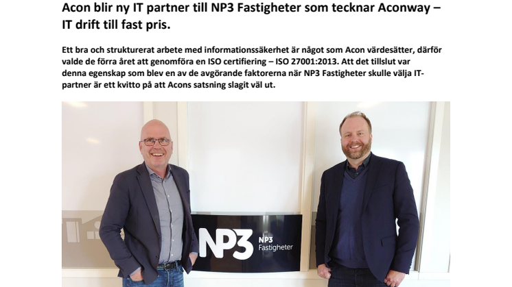Acon blir ny IT partner till NP3 Fastigheter som tecknar Aconway – IT drift till fast pris