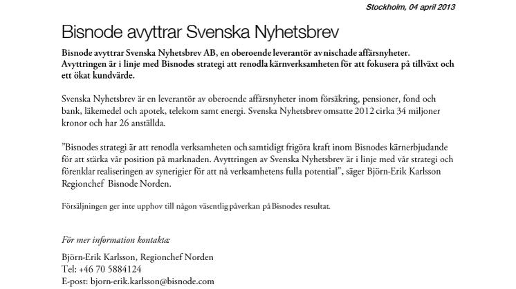 Bisnode avyttrar Svenska Nyhetsbrev