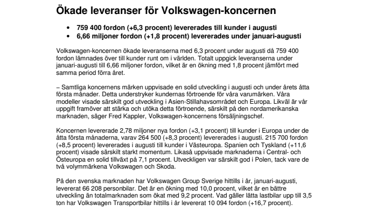 Ökade leveranser för Volkswagen-koncernen