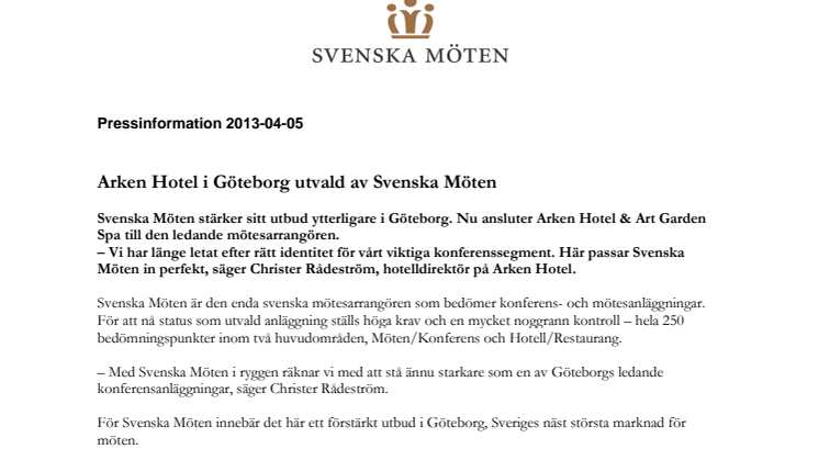 Arken Hotel i Göteborg utvald av Svenska Möten