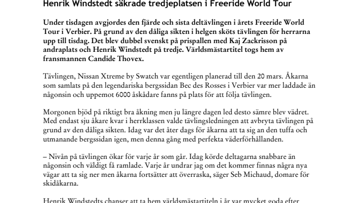 Henrik Windstedt säkrade tredjeplatsen i Freeride World Tour