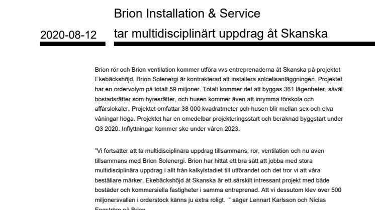 Brion Installation & Service tar multidisciplinärt uppdrag åt Skanska 
