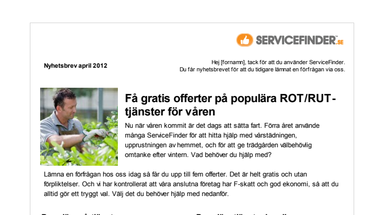 ServiceFinders nyhetsbrev april 2012 - Se vårens populäraste ROT/RUT-tjänster