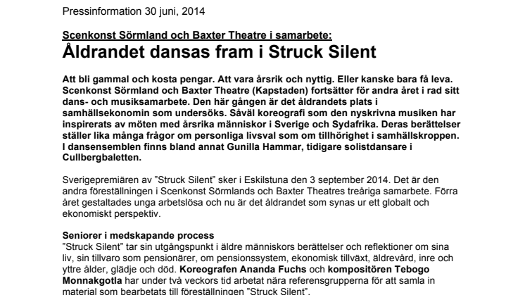 Åldrandet dansas fram i Struck Silent - Scenkonst Sörmland och Baxter Theatre i samarbete