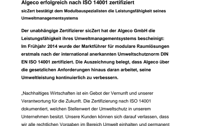 Algeco erfolgreich nach ISO 14001 zertifiziert