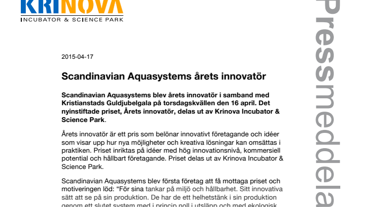 Scandinavian Aquasystems årets innovatör