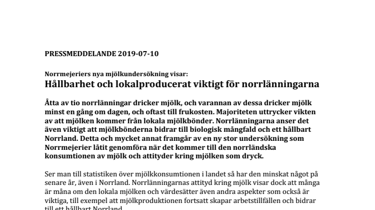 Norrmejeriers nya mjölkundersökning visar: Hållbarhet och lokalproducerat viktigt för norrlänningarna