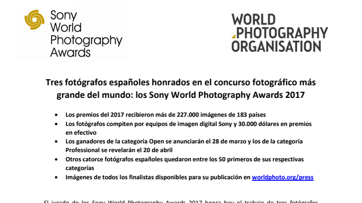 ​Tres fotógrafos españoles honrados en el concurso fotográfico más grande del mundo: los Sony World Photography Awards 2017