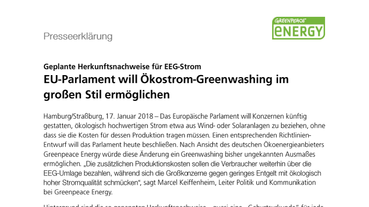 Geplante Herkunftsnachweise für EEG-Strom: EU-Parlament will Ökostrom-Greenwashing im großen Stil ermöglichen