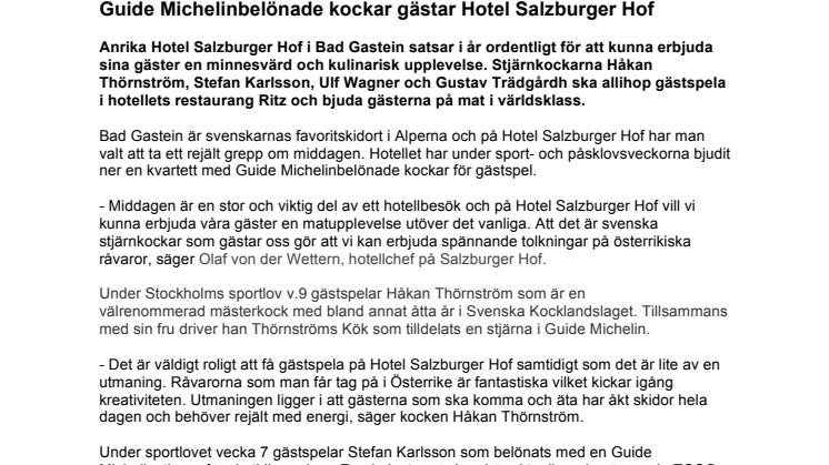 Guide Michelinbelönade kockar gästar Hotel Salzburger Hof