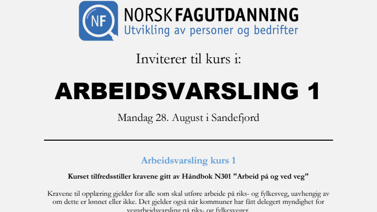Arbeidsvarslingskurs - AV 1 i Sandefjord 28 august 2017