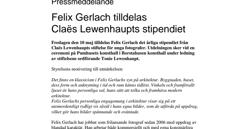 Felix Gerlach tilldelas Claës Lewenhaupts stipendiet