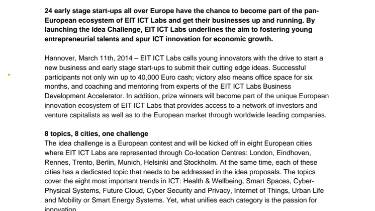 EIT ICT Labs launches pan-European IDEA CHALLENGE to drive entrepreneurship