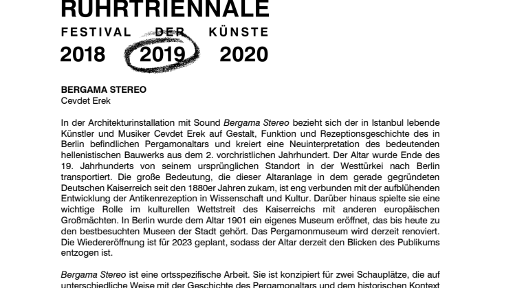 Ruhrtriennale 2019: Bergama Stereo (Presseinformation)