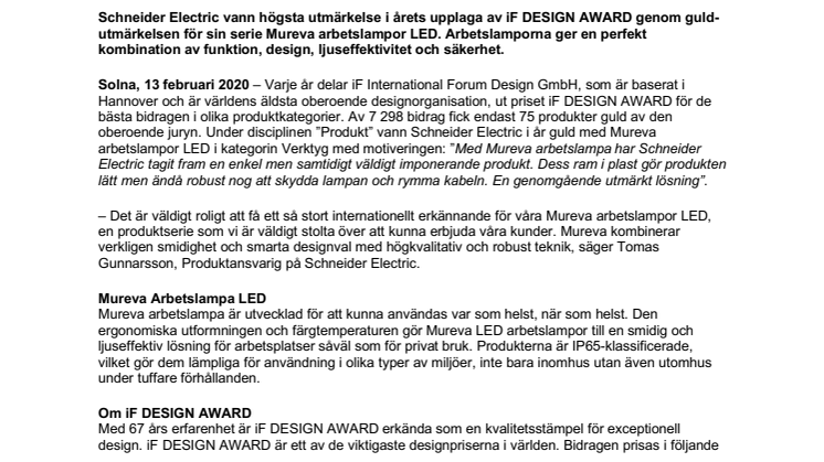 Schneider Electric vinner guld för Mureva arbetslampor LED i iF DESIGN AWARD