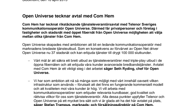 Open Universe tecknar avtal med Com Hem