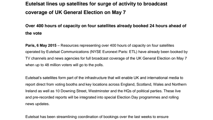 Eutelsat lines up satellites for surge of activity to broadcast coverage of UK General Election on May 7