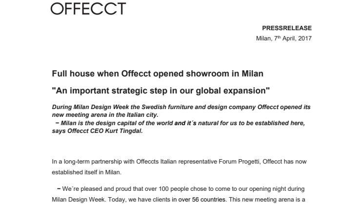Full house when Offecct opened showroom in Milan  "An important strategic step in our global expansion"