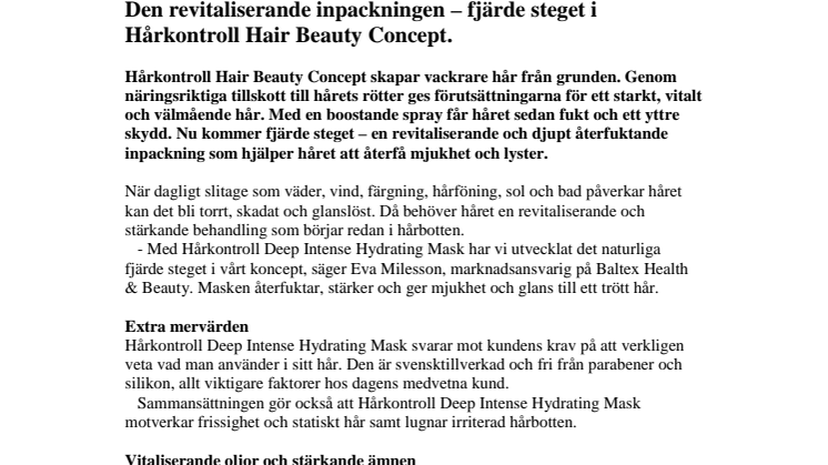 Nyhet. Den revitaliserande inpackningen – fjärde steget i Hårkontroll Hair Beauty Concept.