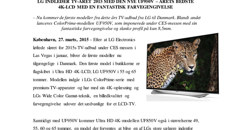 LG INDLEDER TV-ÅRET 2015 MED DEN NYE UF950V – ÅRETS BEDSTE 4K-LCD MED EN FANTASTISK FARVEGENGIVELSE