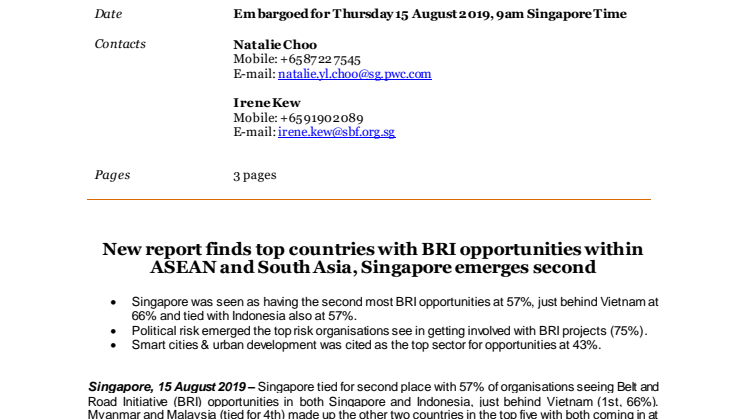 New report finds top countries with BRI opportunities within ASEAN and South Asia, Singapore emerges second