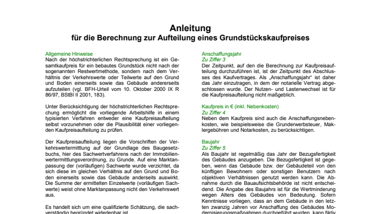 Einkünfte aus Vermietung und Verpachtung:  Aufteilung eins Kaufpreises in Grund und Boden bzw. Gebäudewert