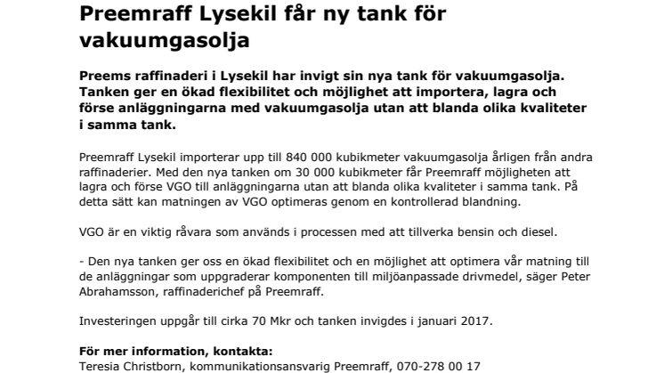 Preemraff Lysekil får ny tank för vakuumgasolja 