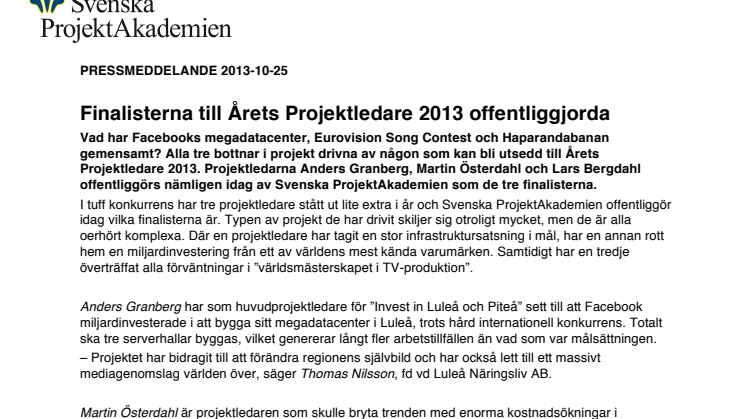 Finalist till Årets Projektledare 2013