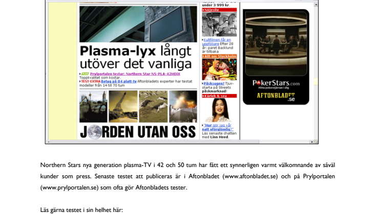 Northern Stars plasma-TV testad i Aftonbladet och Prylportalen