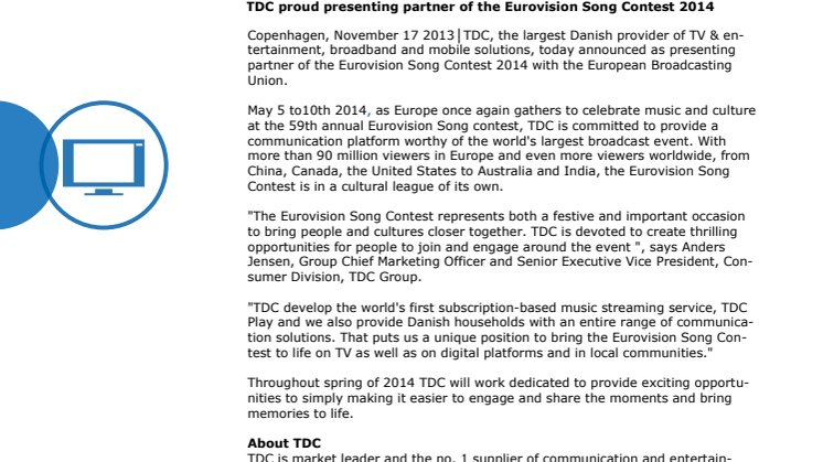 TDC proud presenting partner of the Eurovision Song Contest 2014