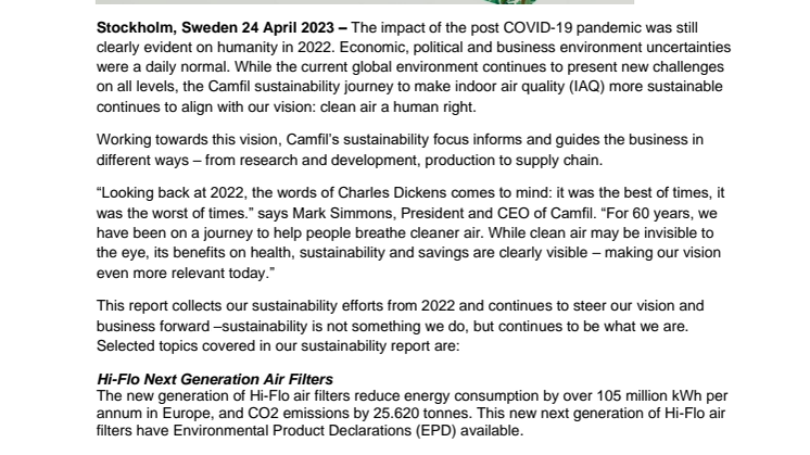 Camfil Sustainability Report 2022 Press Release