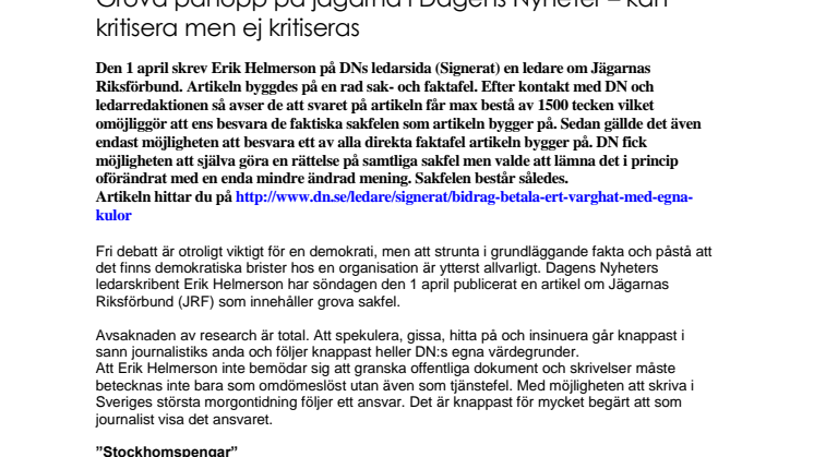 Grova påhopp på Jägarnas Riksförbund i Dagens Nyheter – kan kritisera men ej kritiseras