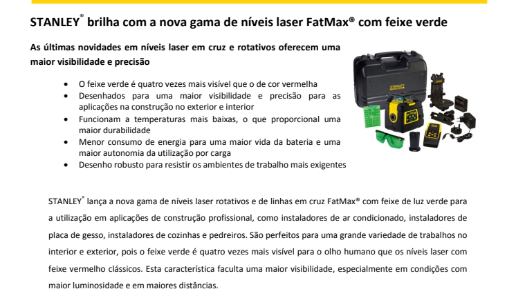 STANLEY® brilha com a nova gama de níveis laser FatMax® com feixe verde