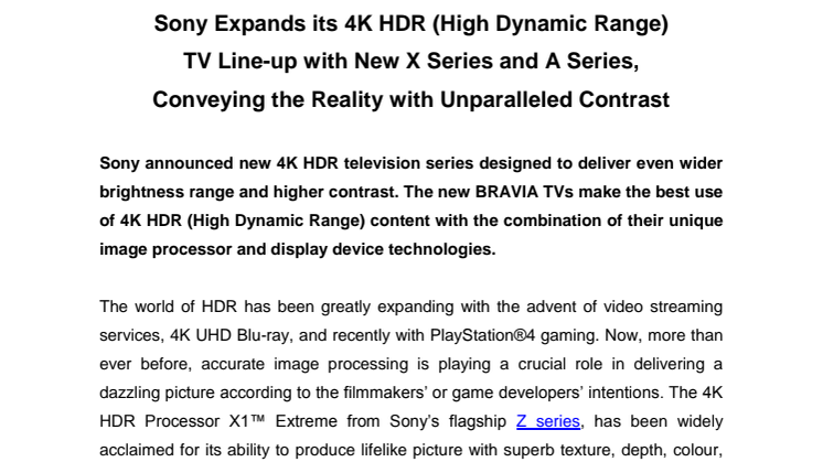 Sony utökar sitt sortiment av 4K HDR-TV:s med nya X- och A-serien