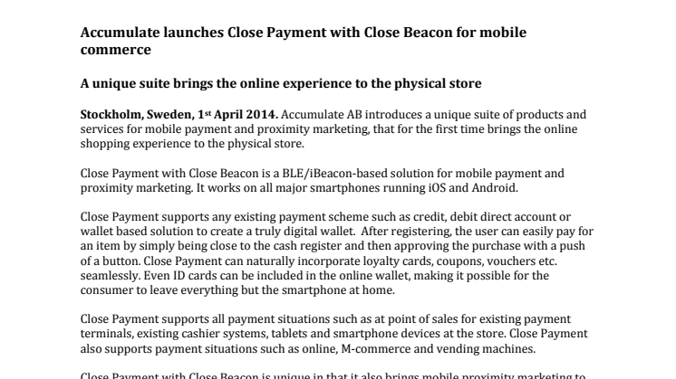 Accumulate launches Close Payment with Close Beacon for mobile commerce