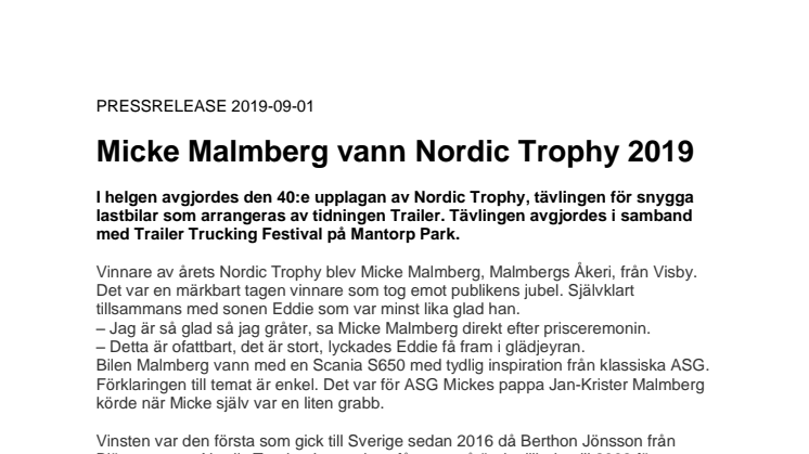 Micke Malmberg vann Nordic Trophy 2019