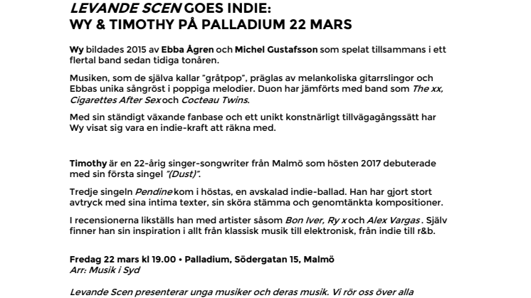 Levande Scen goes indie: Wy & Timothy på Palladium Malmö 22 mars