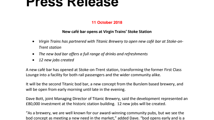 New café bar opens at Virgin Trains’ Stoke Station 