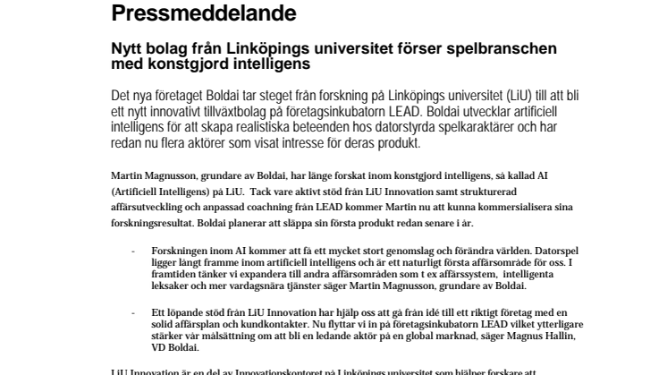 Nytt bolag från Linköpings universitet förser spelbranschen med konstgjord intelligens