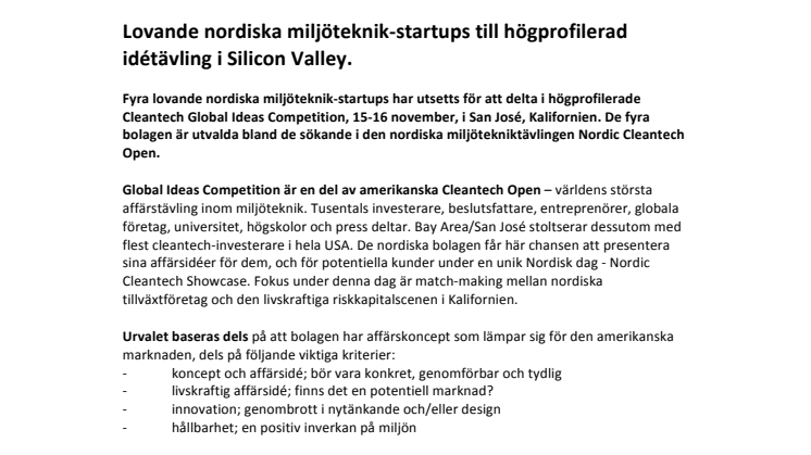 Lovande nordiska miljöteknik-startups till högprofilerad idétävling i Silicon Valley.