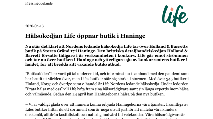 Hälsokedjan Life öppnar butik i Haninge