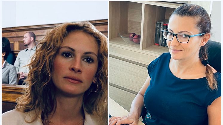 Left:  Julia Roberts plays "Erin Brockovich". Right:  Real life legal champion Adriana Stoyanova