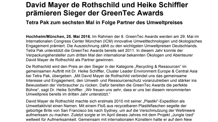 David Mayer de Rothschild und Heike Schiffler prämieren Sieger der GreenTec Awards 