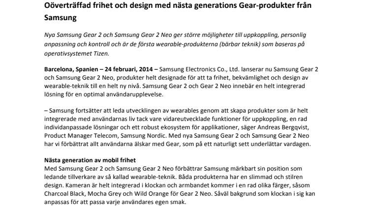 Oöverträffad frihet och design med nästa generations Gear-produkter från Samsung