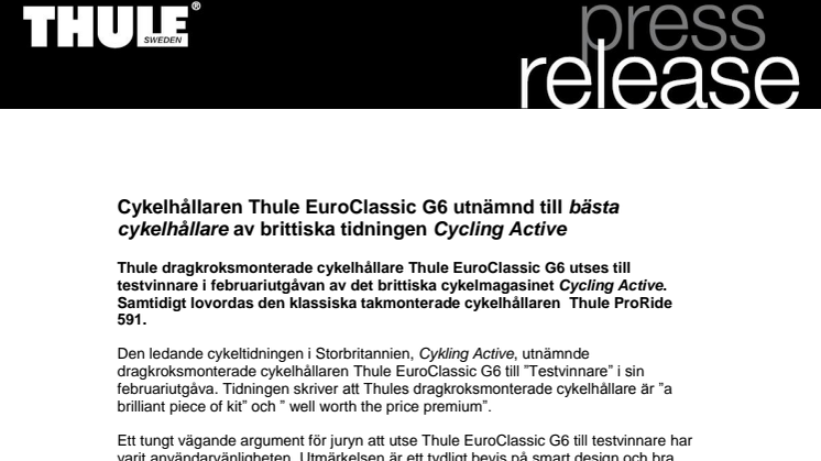 Cykelhållaren Thule EuroClassic G6 utnämnd till bästa cykelhållare av brittiska tidningen Cycling Active