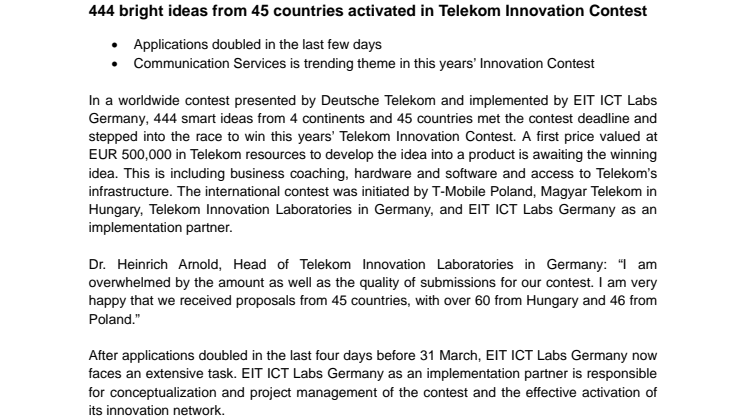 444 bright ideas from 45 countries activated in Telekom Innovation Contest