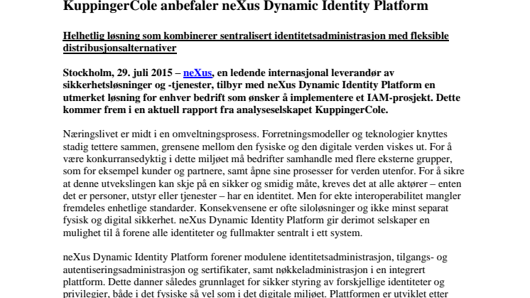 KuppingerCole anbefaler neXus Dynamic Identity Platform